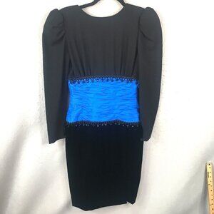 Vintage Lawrence Dress Womens 4 Blue Black Ruched Event Neiman Marcus Cocktail